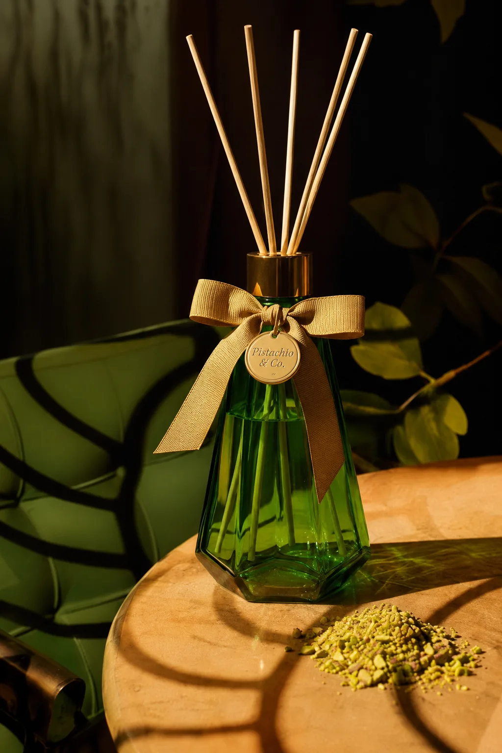 Produto conceitual finalizado: difusor verde com fita dourada e medalha da marca fictícia Pistachio and Co, com pistaches na mesa