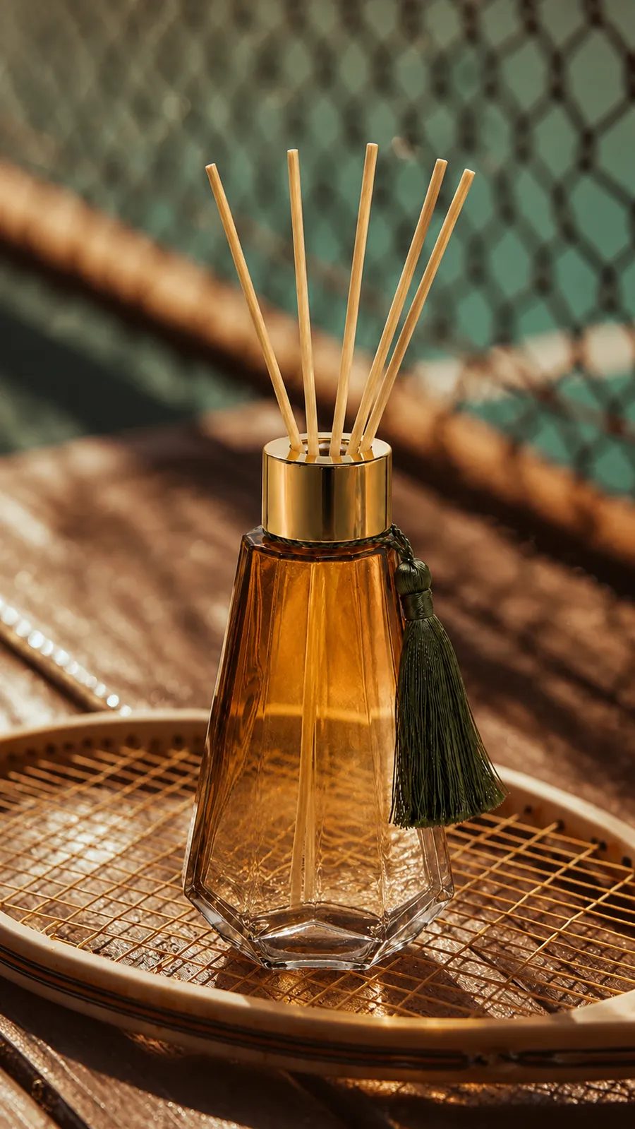 Foto catálogo: difusor âmbar com tampa dourada sobre raquete vintage, imagem limpa de produto