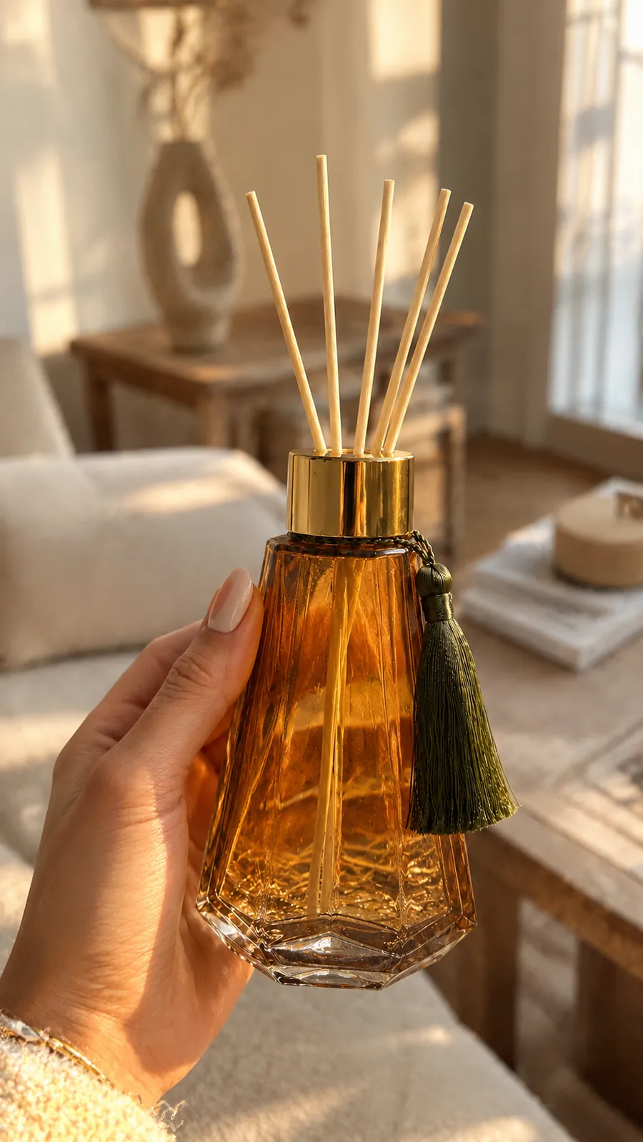 Mão feminina segurando difusor âmbar com tassel verde em sala iluminada pelo sol