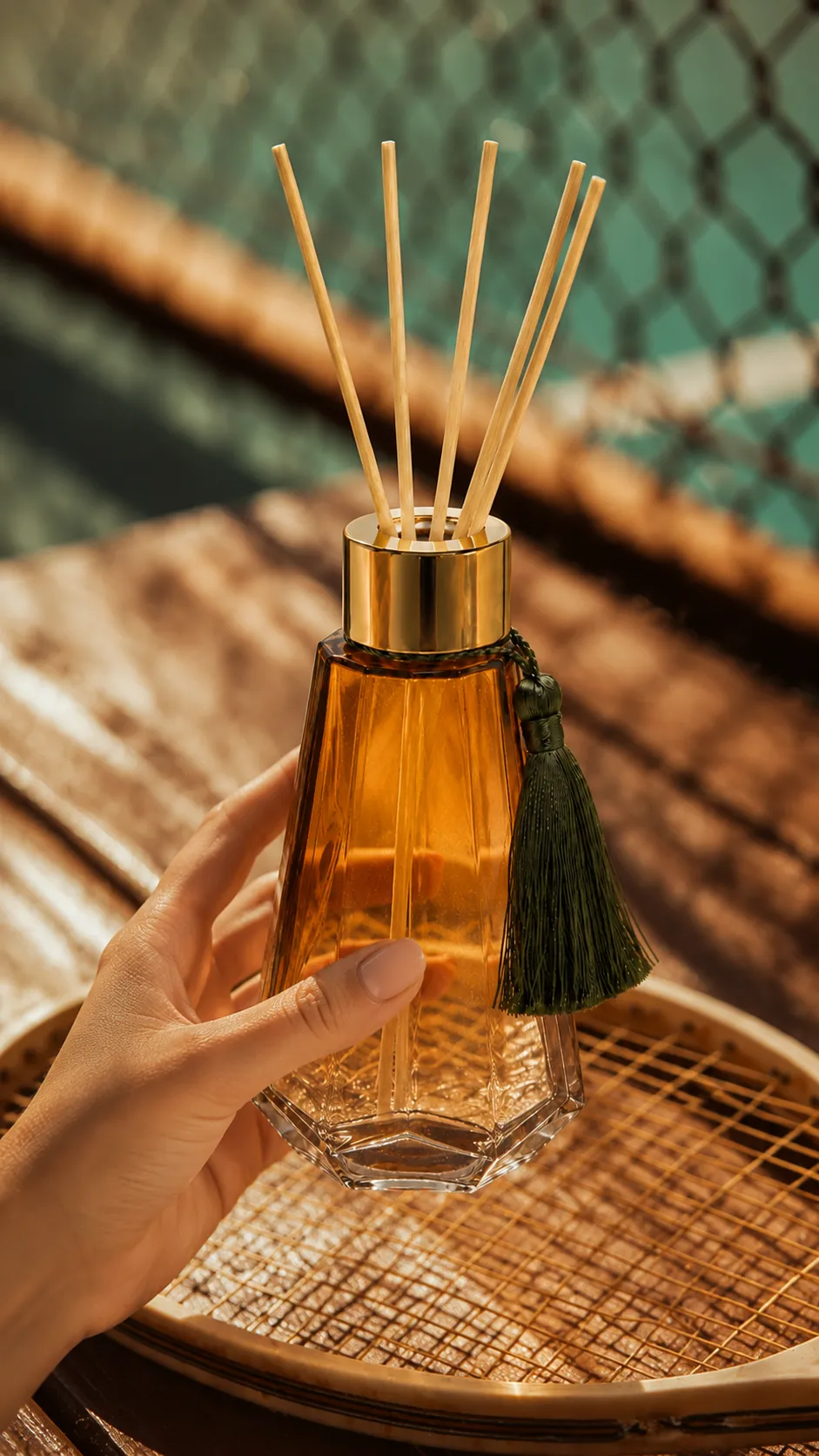 Difusor âmbar com tassel verde apoiado em raquete vintage à beira de quadra de tênis