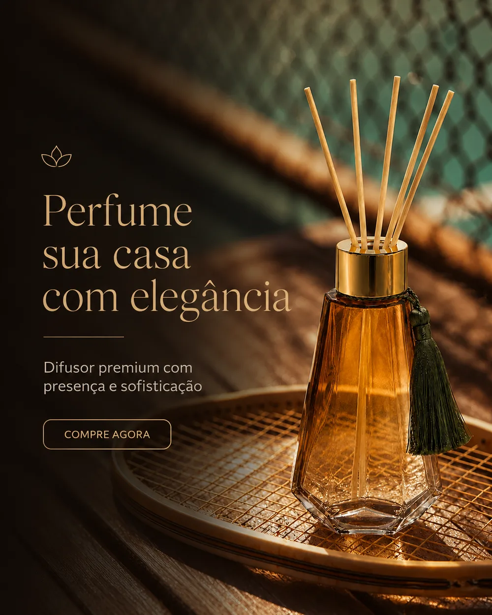 Peça publicitária criada no Studdio: difusor âmbar com o título Perfume sua casa com elegância e botão compre agora