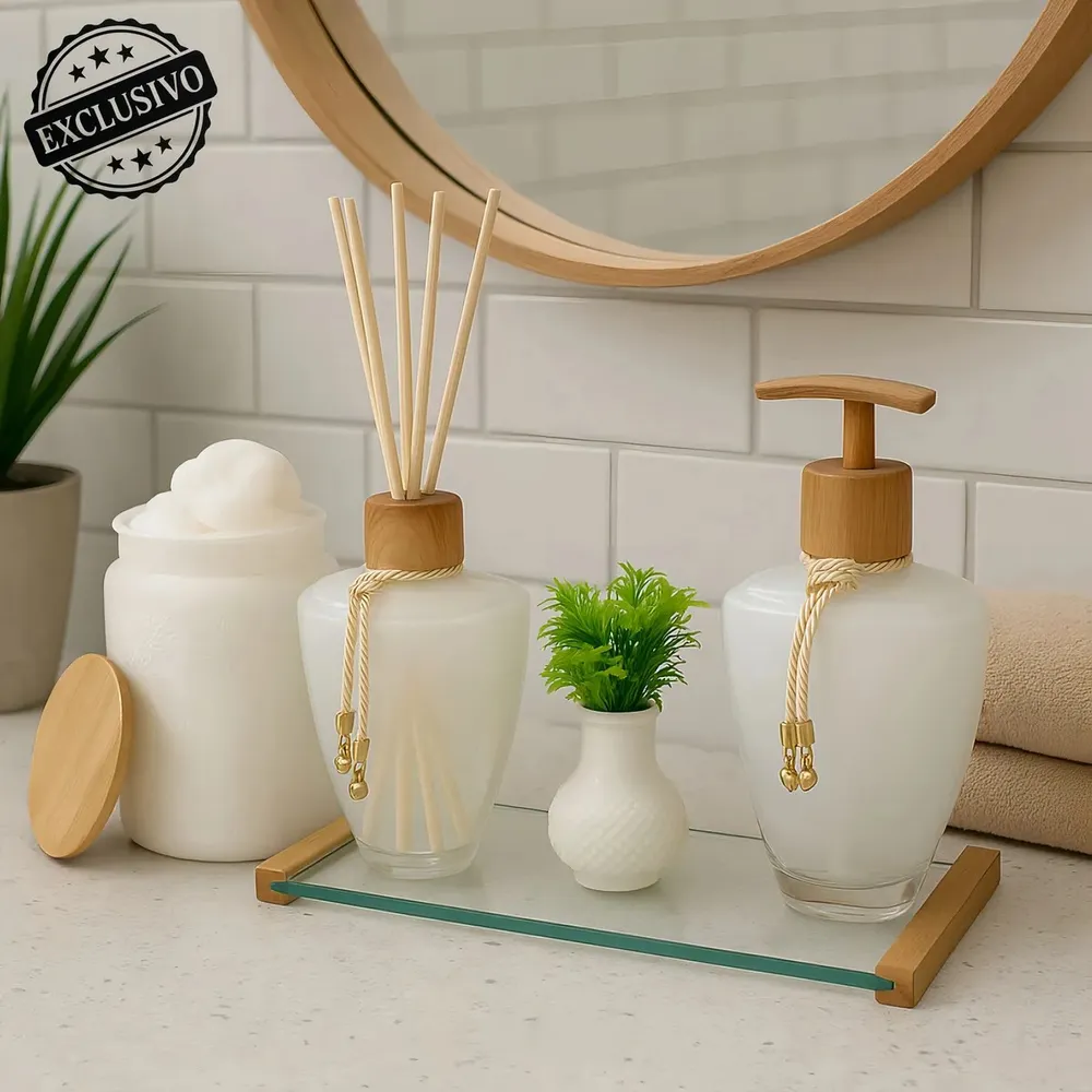 Resultado de IA genérica: kit lavabo em banheiro comum de azulejos brancos, composição bonita porém sem direção de marca